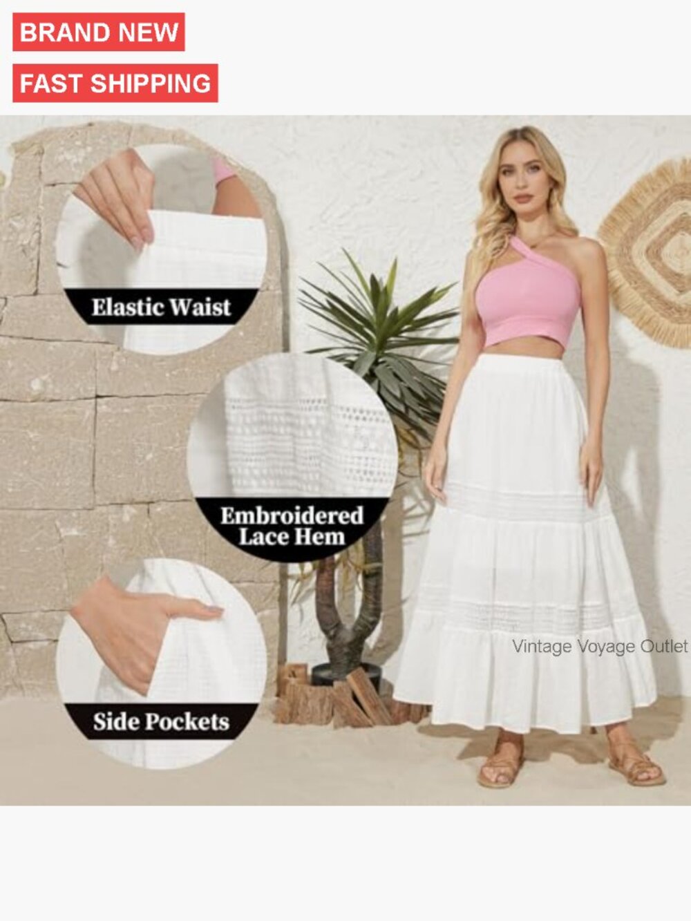 Boho Maxi Skirt with Pockets, Elastic Waist, Lace Tiered A-Line - Picture 4 of 7